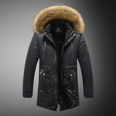 2023 Mens Winter New Windproof Warm Thick Fleece Long Parka Jacket Mens Outwear Fashion Casual Fur Collar Outdoor Hooded Parkas