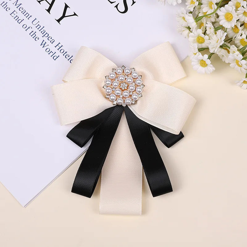 Korean Bow Tie Brooch Women's College Style Bank Suits Shirt Accessories Gifts Fabric Ribbon Crystal Pearl Collar Flowers Pins