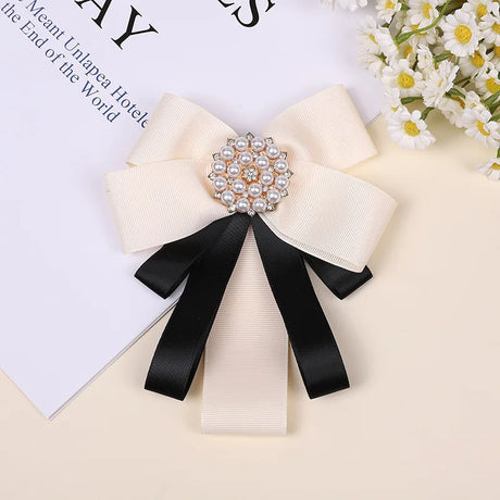 Korean Bow Tie Brooch Women's College Style Bank Suits Shirt Accessories Gifts Fabric Ribbon Crystal Pearl Collar Flowers Pins