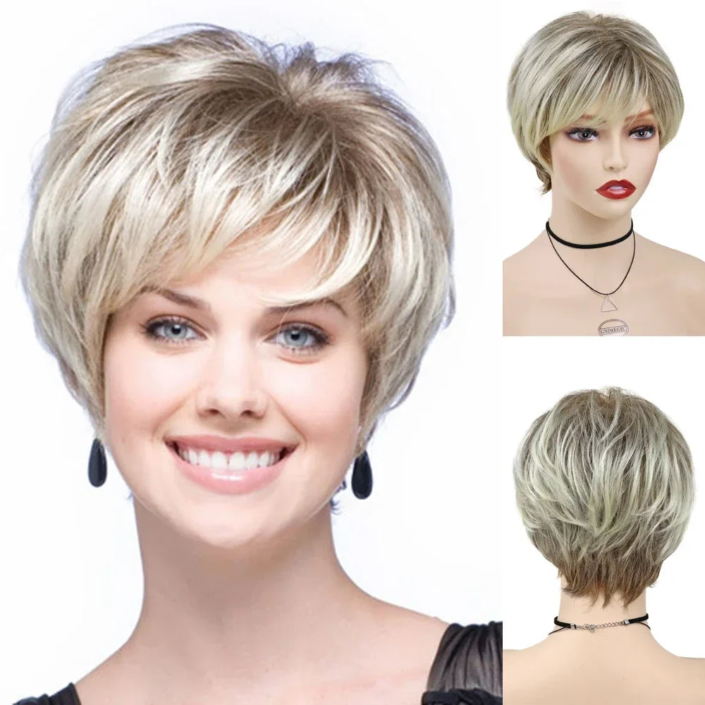 GNIMEGIL Synthetic Short Pixie Cut Wig Women Natural Hairstyle Bangs Wig Blonde Mix Brown Soft Straight Wig for Chemo Patient