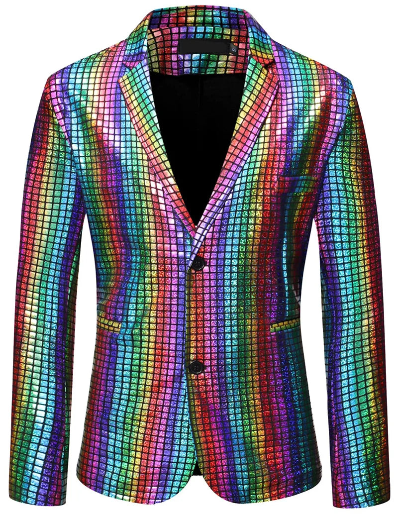 Mens Stage Prom Suits Shiny Rainbow Plaid Sequin Jacket Pants Men Dance Festival Christmas Halloween Party Costume Homme