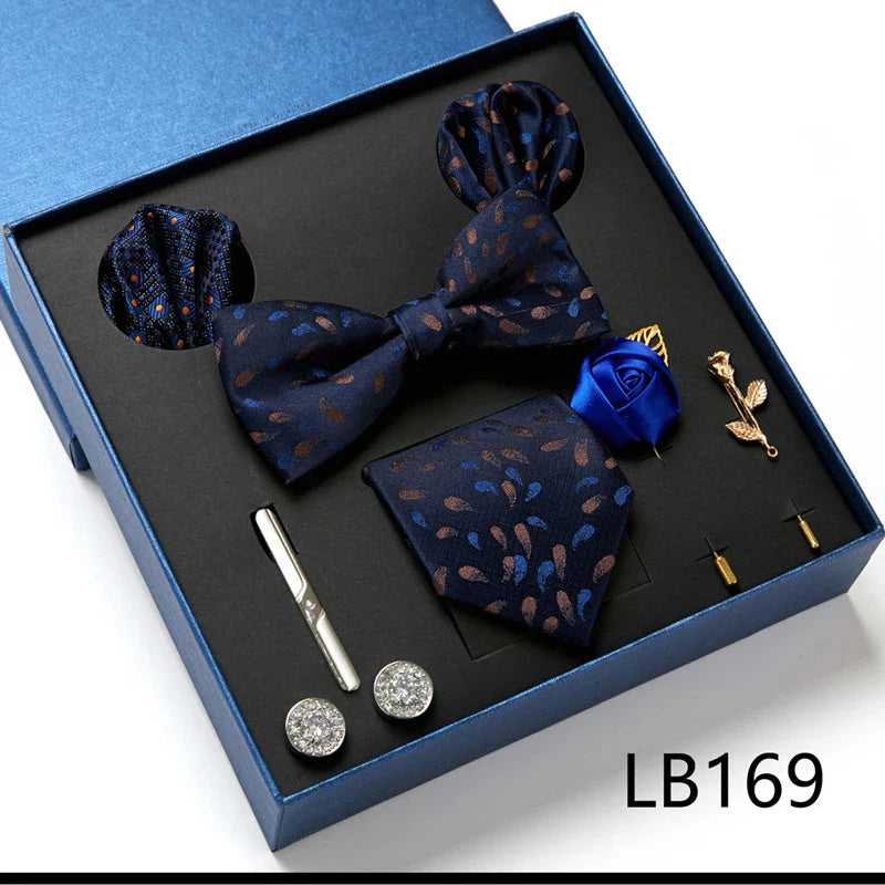 Fashion Men's Tie Gift Box Luxury Brand Necktie Bowtie Pocket Square Brooches Cufflinks Clips Suit For Party Wedding Man Gifts