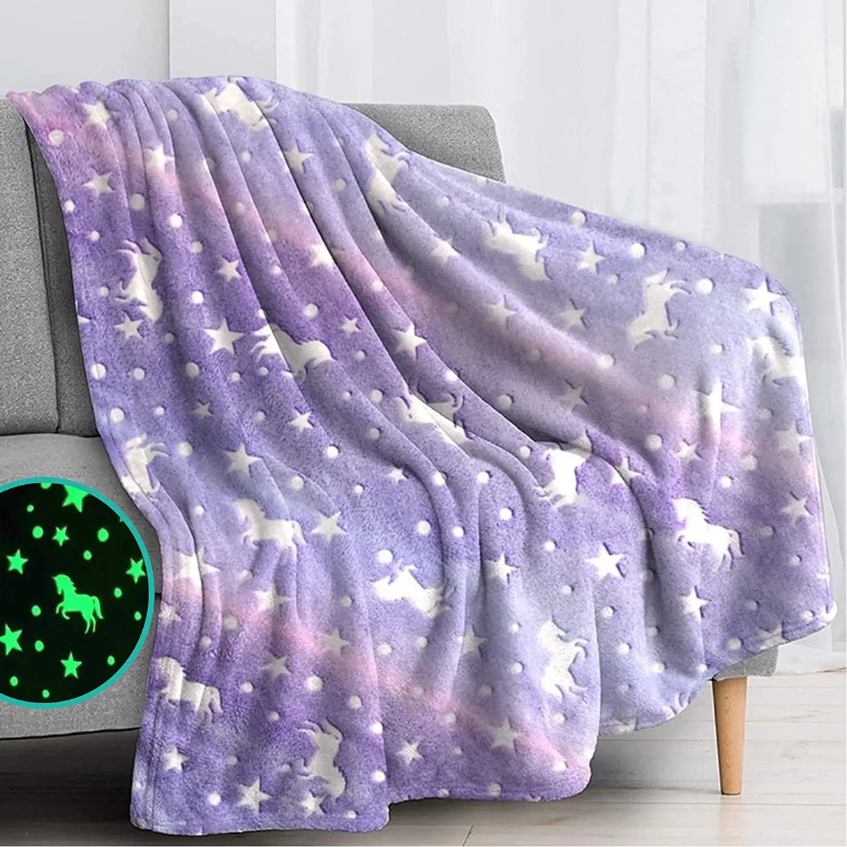 Glow in The Dark Throw Blanket Luminous Unicorns Dinasour Mermaid Blanket Christmas Gifts for Boys Girls Fleece Thin Blanket