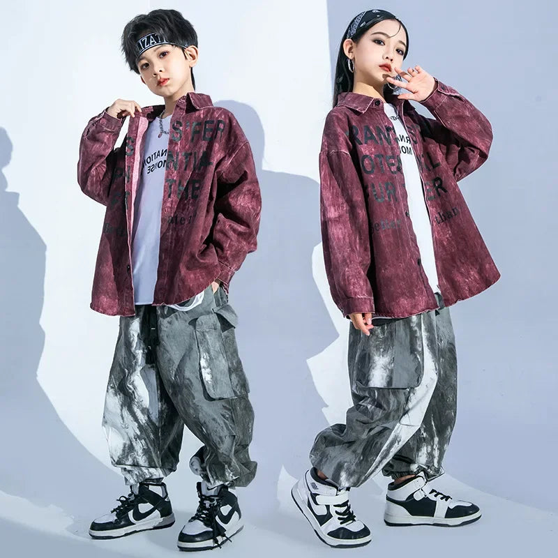 Letters Print Shirt Top Casual Street Tie Dye Jogger Cargo Pants for Girls Boys Jazz Dance Costume Clothes Kid Hip Hop Clothing