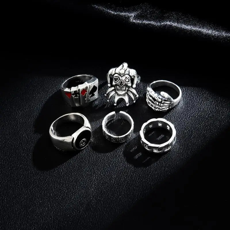 6Pcs Punk Poker Joker Silver Color Rings Set for Men Goth Skeleton Billiards Set Couple Emo Fashion Jewelry Anillos Hombre