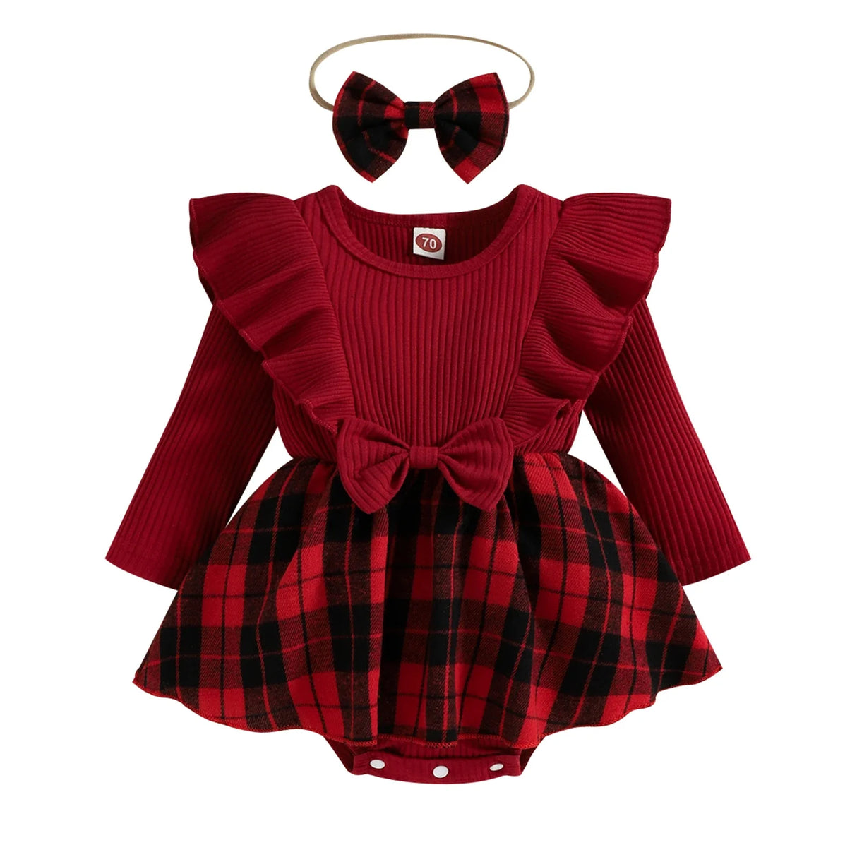 Ma&Baby 0-24M Christmas Girl Red Romper Newborn Infant Baby Knit Ruffle Long Sleeve Bow Jumpsuit Plaid Print Xmas Costumes D01