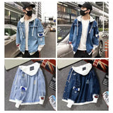 Men Light Blue Winter Jean Jackets Hooded Casual Men Solid Color Jean Jackets Popular Single Breasted Drawstring Jean Jacket