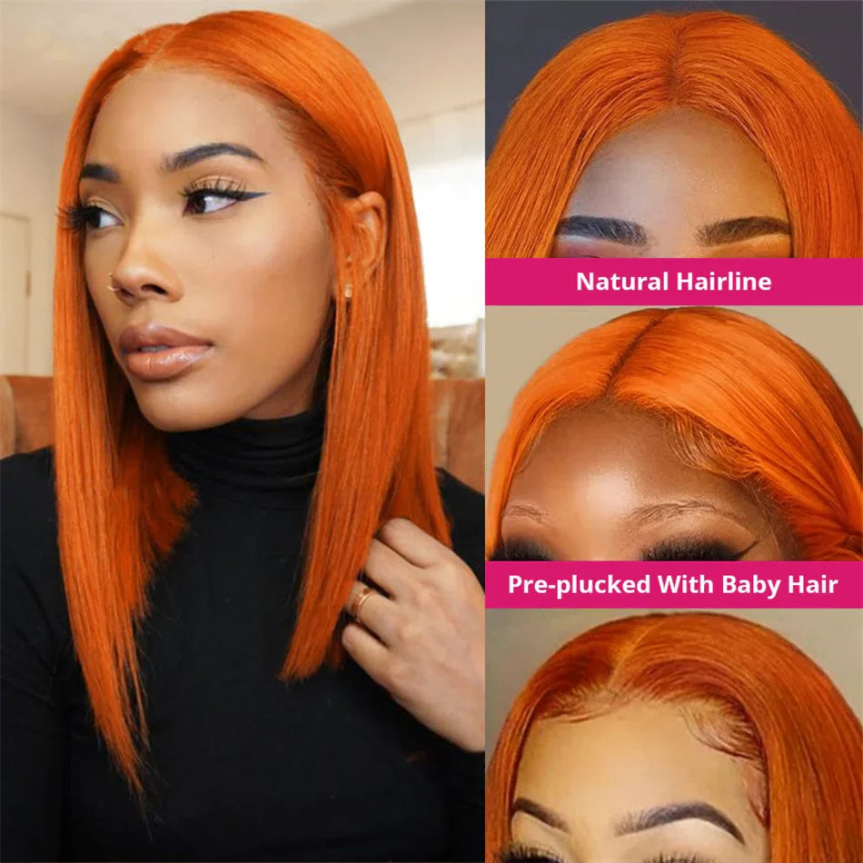 Ginger Brown Lace Front Wig Bone Straight Lace Front Wig Raw Indian Human Hair Orange Ginger Lace Frontal Wig Short Bob Wig 180%