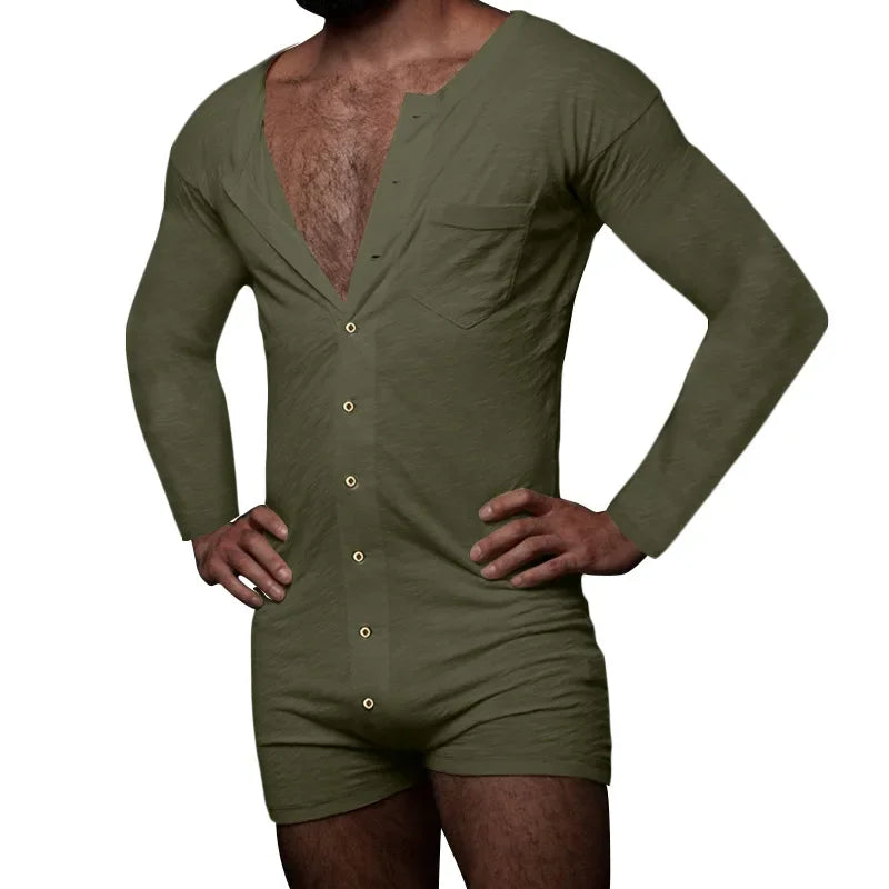 New 2024 Men's Sexy Pajamas Sets Casual One Piece Men Long Sleeve Solid Romper Single-breasted Jumpsuit Sleepwear Nightwear Male