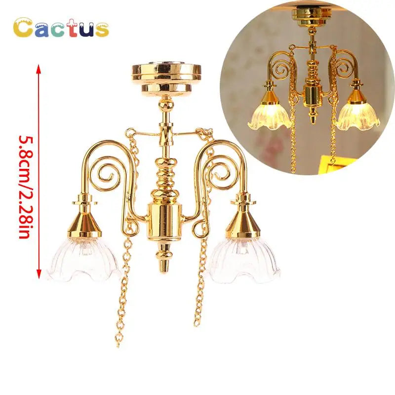 1:12 Dollhouse Miniature LED Ceiling Lamp Gold Chandelier Droplight Lighting Lights Battery Operated Furniture Model Decor Toy