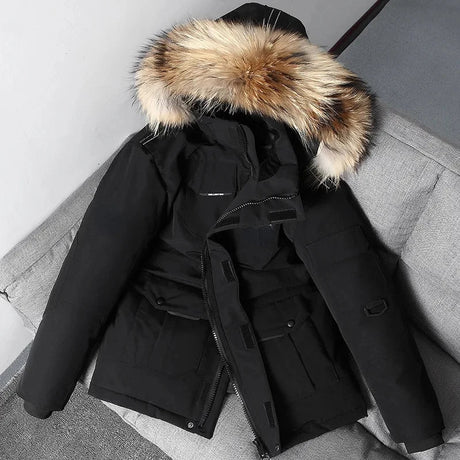 Winter Canada Warm Down Coat Men Puffer Jacket Hooded Down Jacket Warm Thicken Couple Clothing Fur Collar Loose Outerwear New