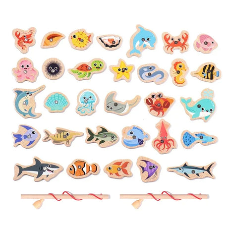 Montessori Wooden Magnetic Fishing Toys for Baby Cartoon Marine Life Cognition Fish Games Education Parent-Child Interactive