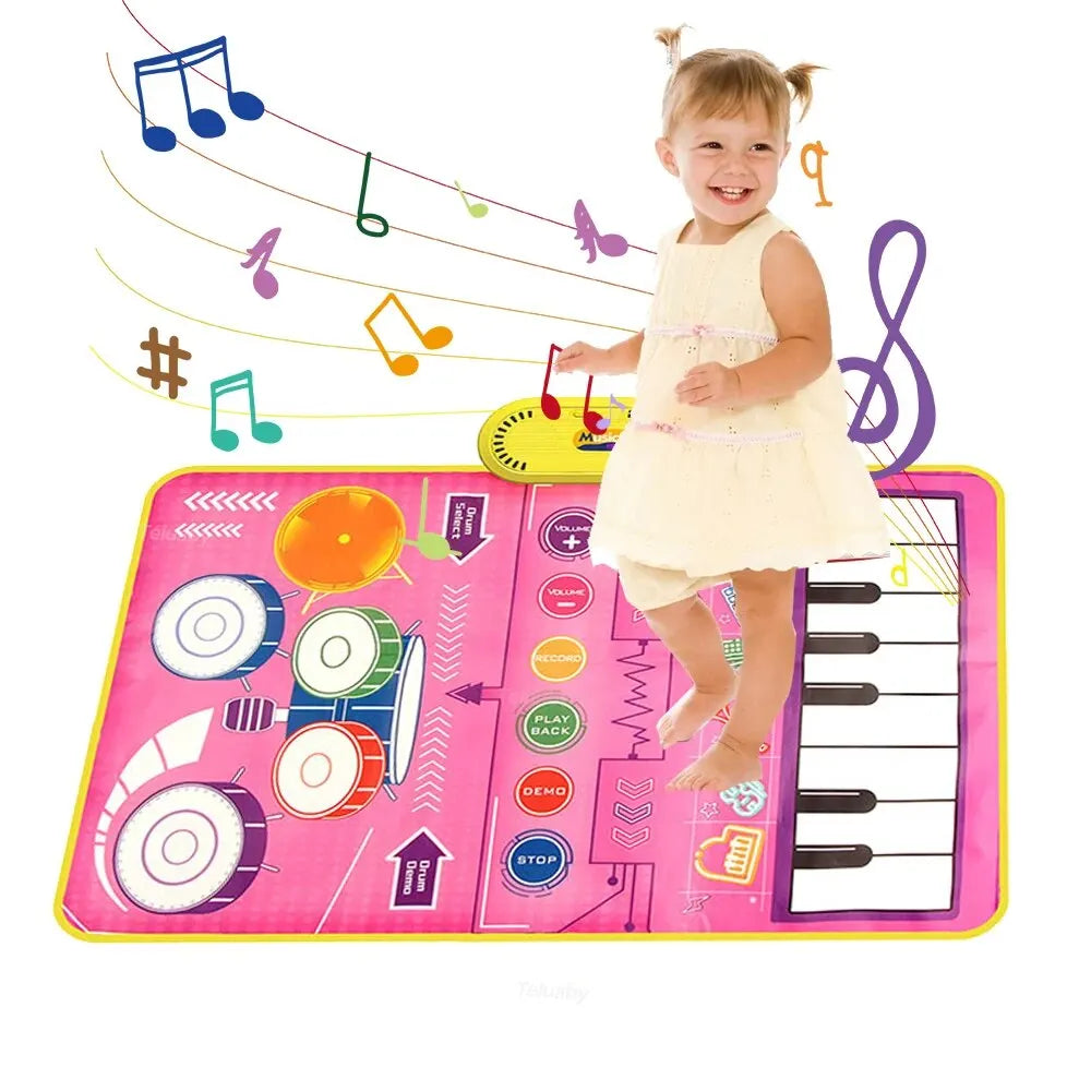 2 In 1 Piano Mat for Kids Piano Keyboard & Jazz Drum Music Touch Play Carpet Baby Toddlers Music Instrument Education Toys Gift