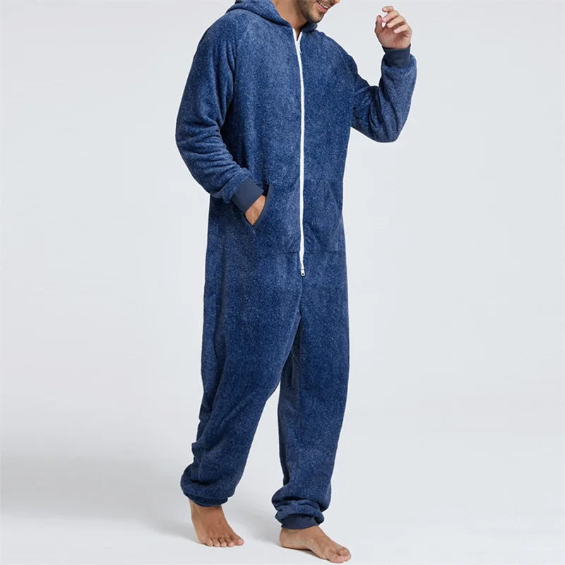 Men's Hooded Jumpsuit Pajamas Long Sleeve V Neck Zip Up Romper Pants Fall Winter Warm Loungewear Sleepwear