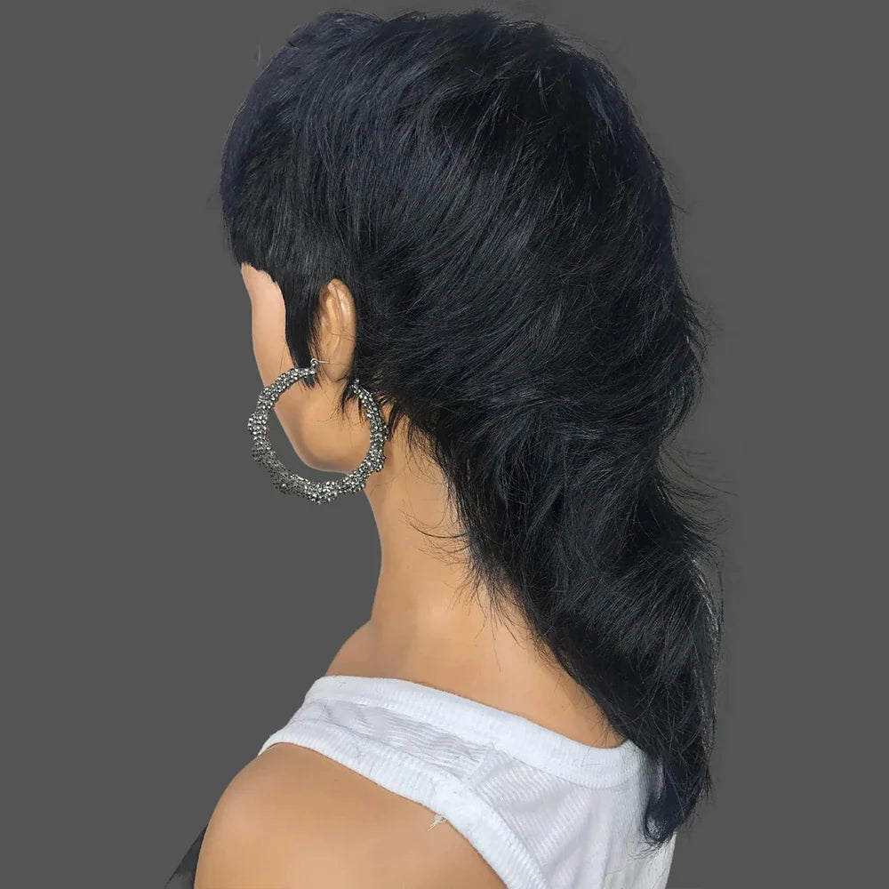 Mullet Wigs Short Pixie Cut Wigs Full Machine Made Wig With Bangs Dovetail Straight Highlight Blonde Remy Human Hair For Women