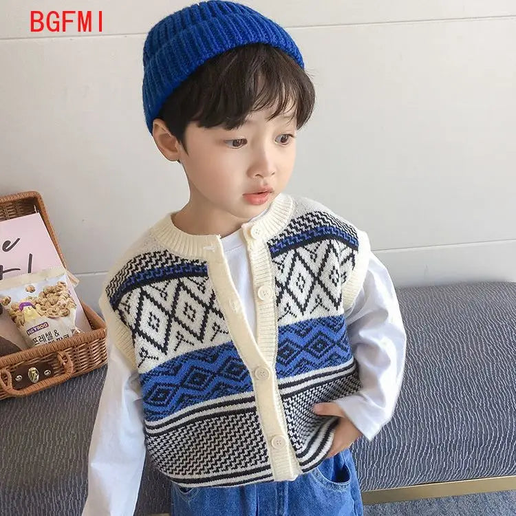 1-10Y Children Single-breasted Vests Sweaters Cotton Vest boy Sleeveless Sweaters Kids Boys O-Neck Pullover Knitting Vest Coat