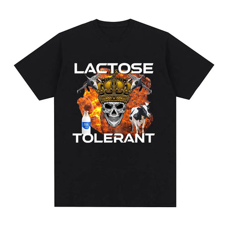 Lactose Tolerant Graphic Print T-Shirt Men's Vintage Fashion Short Sleeve T-shirts 100% Cotton Casual Cozy Oversized T Shirts