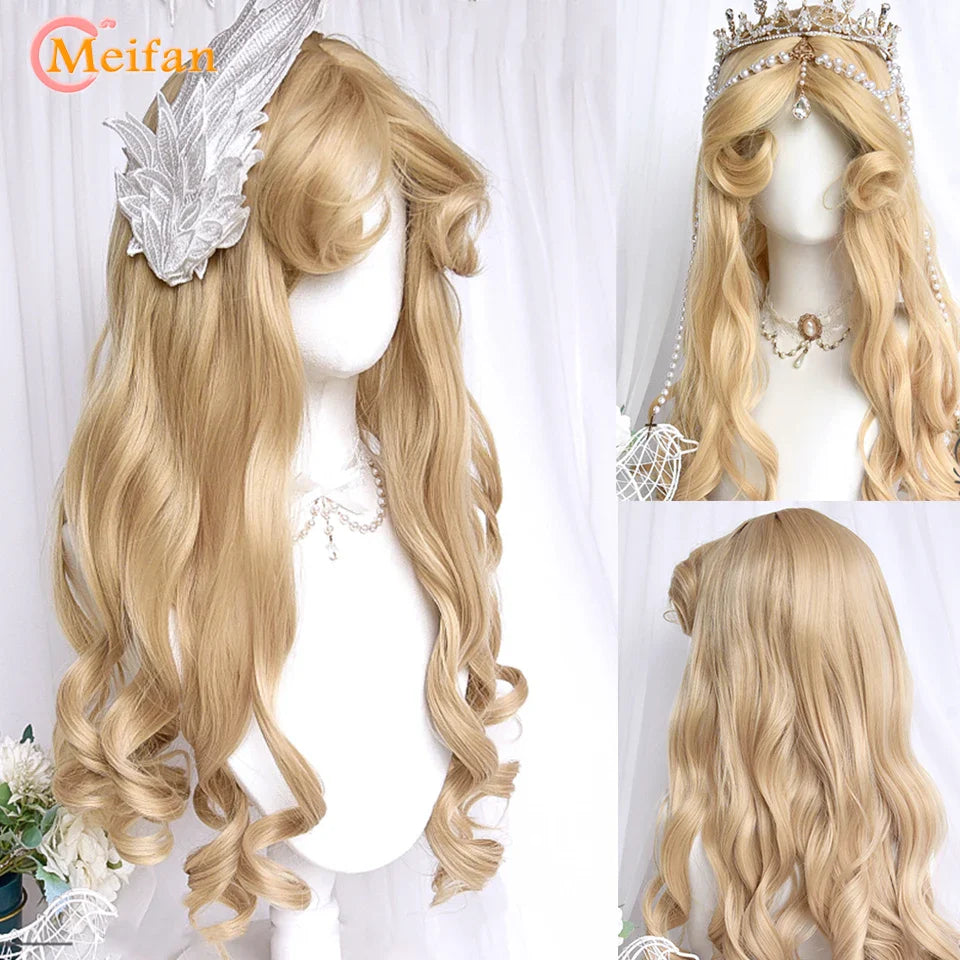 MEIFAN Long Lolita Ombre Harajuku Wig With Bang Red Blue Wave Curly Cosplay Wig Heat Resistant Synthetic Jellyfish Head Wigs