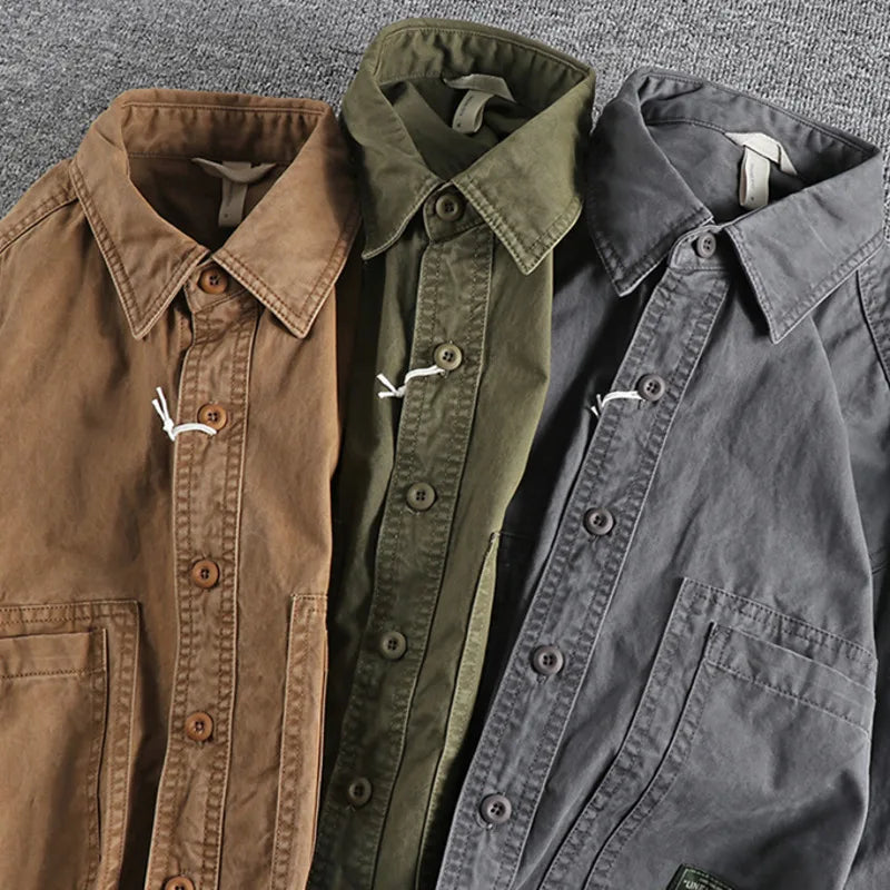 Tough Guy Style Heavyweight Washed Old Work Shirt Men's American Cargo Styles Daily Casual Versatile Long Sleeve Shirt Jacket