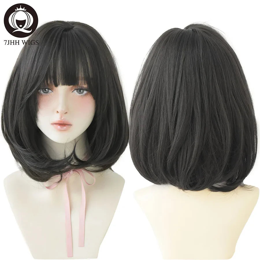 7JHH WIGS Black Short Bob Wig for Girl Daily Wear Synthetic Wig New Style Natural Supple Summer  Heatresistant Wig With Bangs