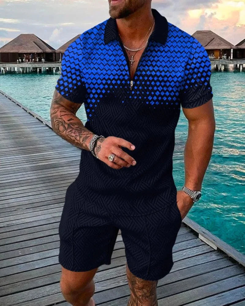 New 2024 Men's Polo Suit Fashion Men Sets Solid Summer V-neck Zipper Short Sleeve POLO Shirt+Shorts Two Pieces Men Casual Suit