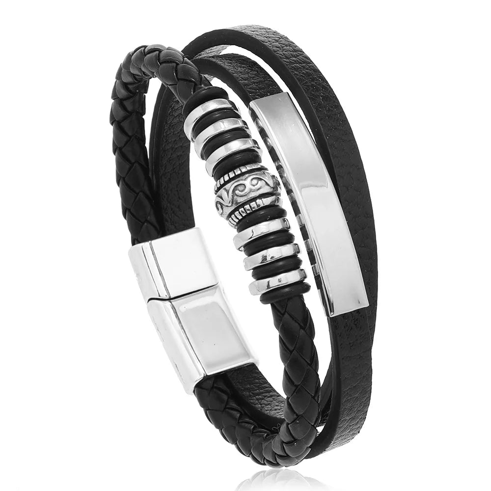 Trendy  Leather Bracelets Men Stainless Steel Multilayer Braided Rope Bracelets For Male Bracelets Jewelry Pulsera Hombre