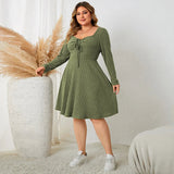 3XL 4XL V-neck Sexy Autumn Plus Size Women Clothing Solid Green Winter Knee-length Dress Square Collar Long Sleeve Sweater Dress