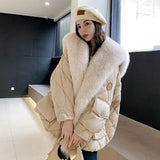 2024 Winter New Women Big Luxury Faux Fox Fur Collar Coat Fluffy Loose Puffer Jacket Feather Female Parka Snow Outwear Windproof