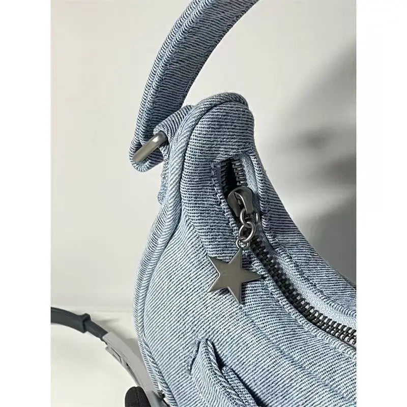 Y2K Star Pattern Denim Shoulder Bag for Women Luxury Designer Cool Girls Blue Underarm Wand Handbag Korean Style Small Purse