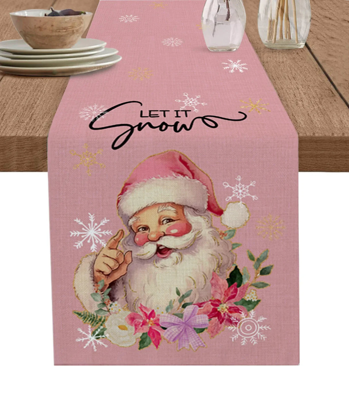 Merry Christmas Pink Old Man Snowflake Candy Wedding Decor Table Runner Kitchen Coffee Table Dining Table Fabric Home Decoration