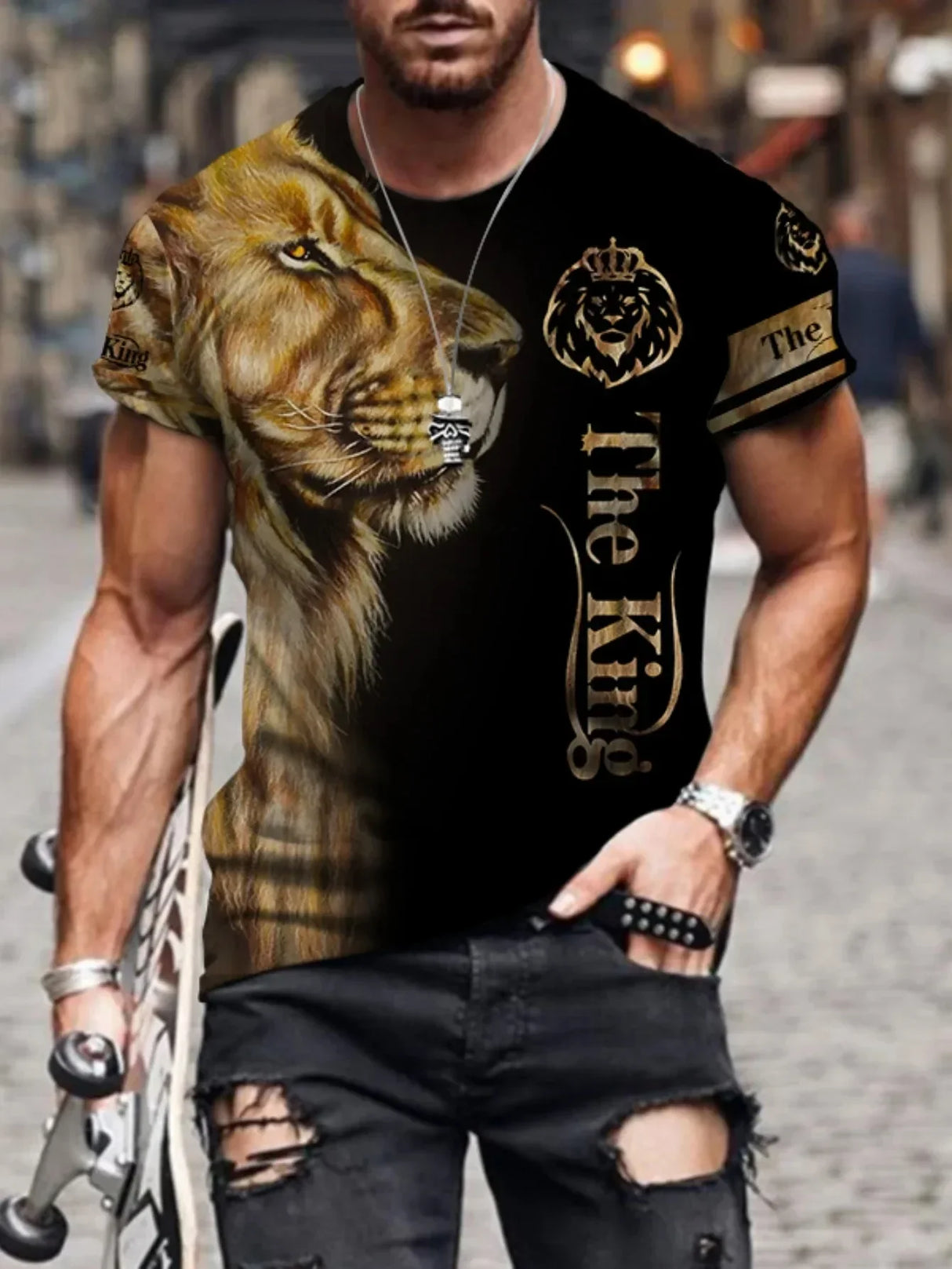 2024 Men's Summer New 3D Printing Fierce Lion Breathable Round Neck Short Sleeve T-shirt Plus Size Men's Top