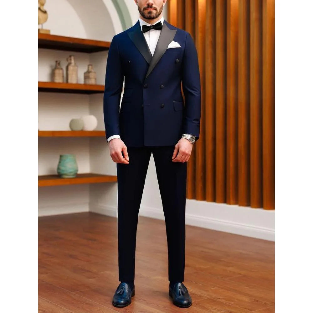 Fashion Peak Lapel Double Breasted Suits for Men Chic Casual Formal Business Wedding Tuxedo 2 Piece Men Suit Slim Blazer Pants