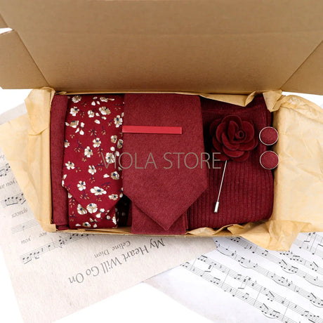 Viola Design Gift Box Hot Solid Floral Cotton Sock Necktie Set Clip Cufflinks Pin Hanky Men Wedding Party Daily Cravat Accessory