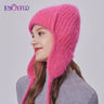 ENJOYFUR Women Winter Angora Earflaps Hat Warm Fluffy Angora Rabbit Fur Knit Hat Female Thick Fleece Lined Russian Trapper Hat