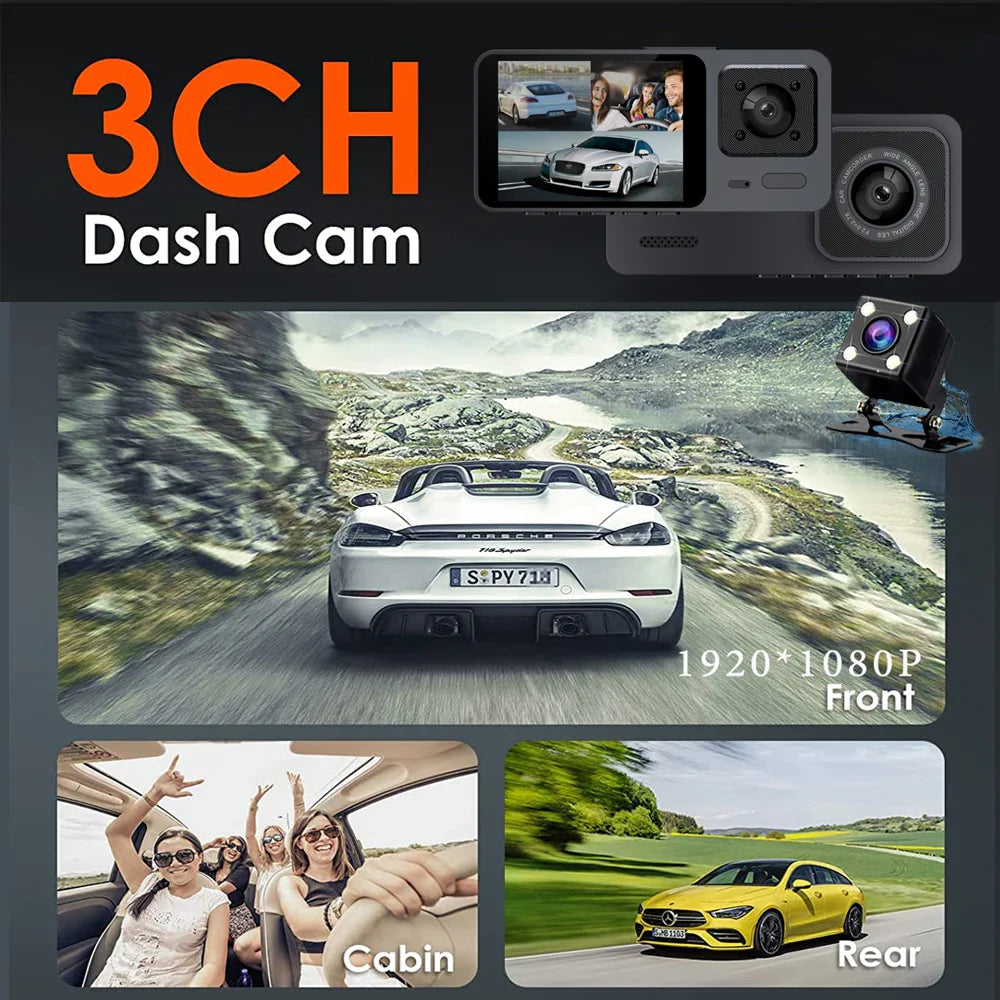 Wifi 3-Channel Car Dvr 3 Camera Dash Cam HD 1080P Dash Camera Dual Lens Dashcam Video Recorder Black Box 24H Parking Monitoring