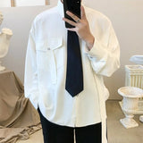 Gmiixder Cargo Long-sleeve Shirt with Tie Men's Oversize Kpop Shirt Korean Streetwear Versatile Motorcycle Pocket Streamers Coat