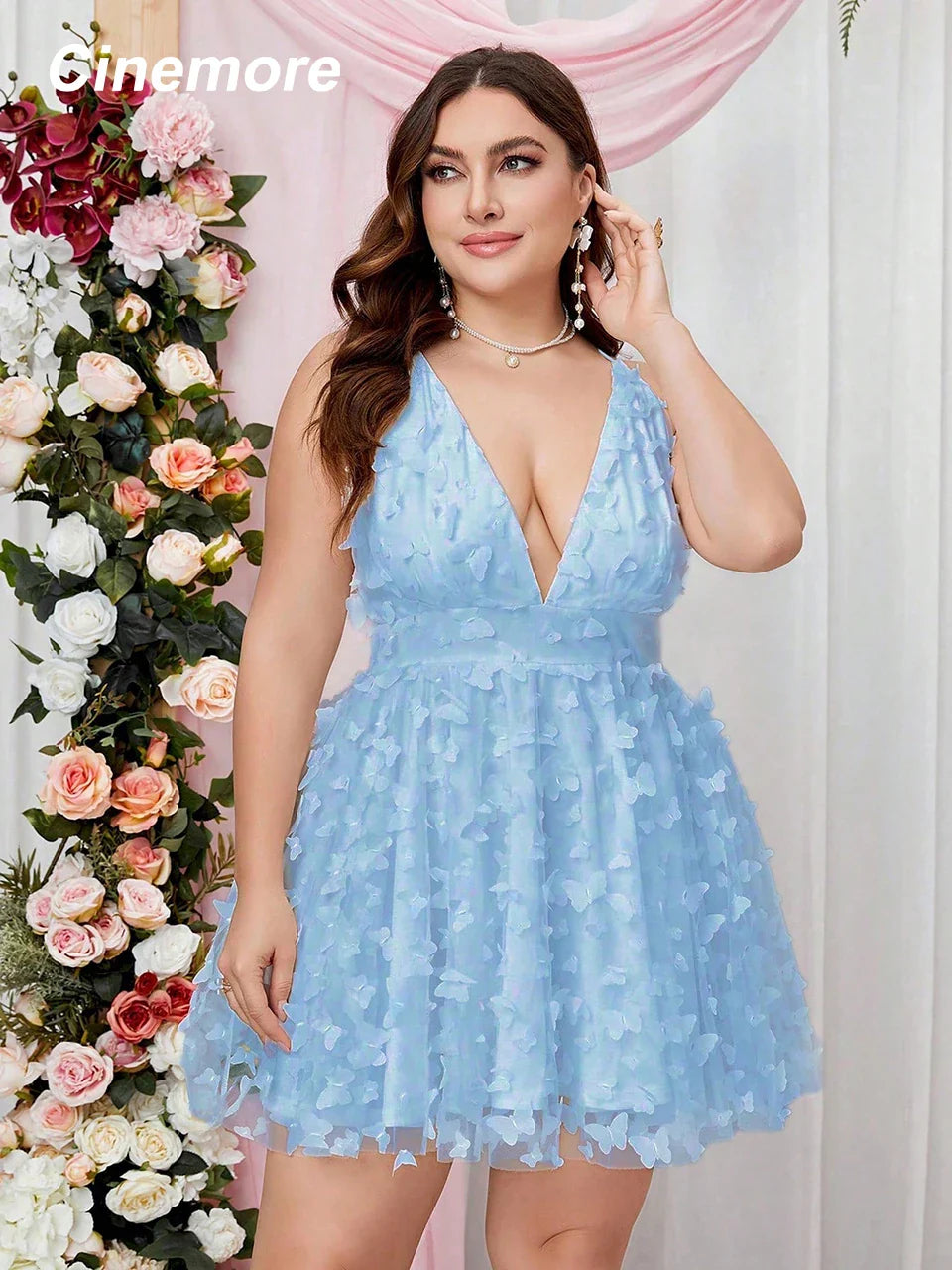 Cinemore Plus Size Summer Dresses Women 2023 Sleeveless Deep V Neck Butterfly Appliques Mesh Sexy Backless Female Cami Dress