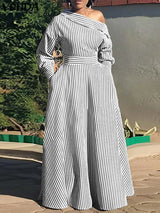 Plus Size 5XL VONDA 2024 Elegant Striped Maxi Dress Bohemian Women Sundress Casual Loose Off Shoulder Long Sleeve Party Vestidos