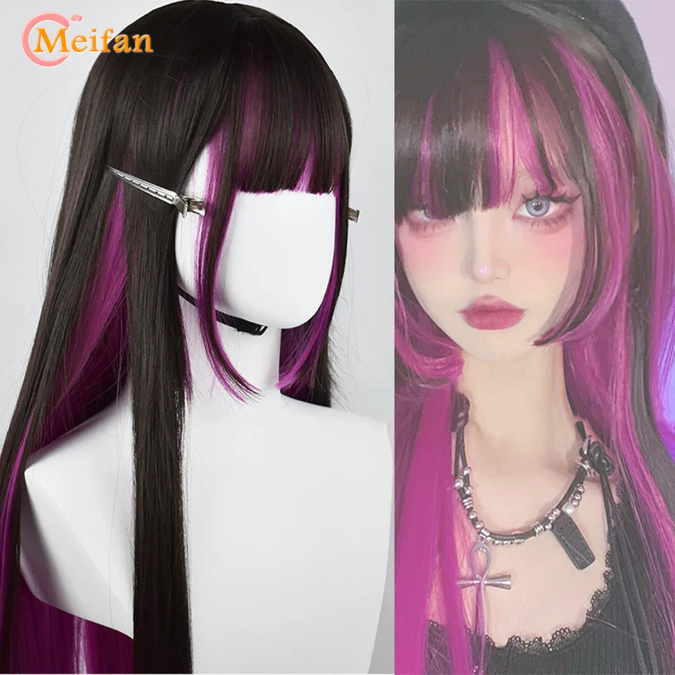 MEIFAN Synthetic Long Straight Lolita Wig with Bangs Wig Girl Cute Mixed Black Red Blonde Cosplay Party Halloween Harajuku Wig