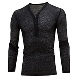 Mens Plain Slim Fitness Long Sleeve T-shirt Deep V Neck Button Tops Muscle Tee Blouse See Through Shirts Male Casual Tees Tops