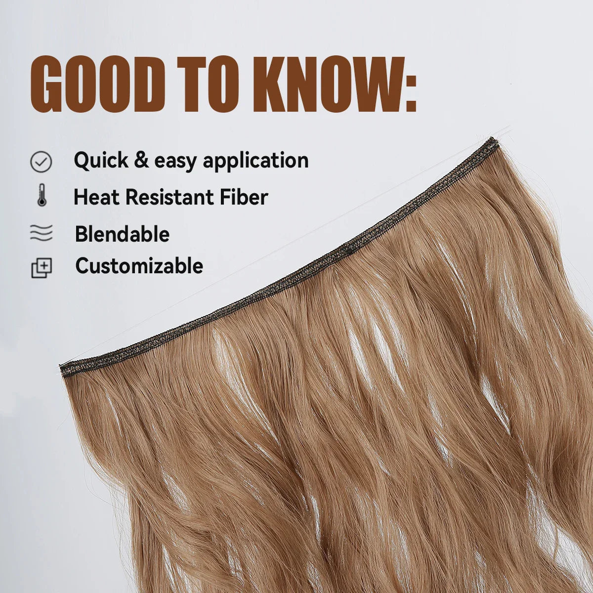 HAIRCUBE Synthetic No Clip Hair Extension Natural Hair Piece For Women Long Wavy Light Brown One Piece Fish Line False Hairpiece