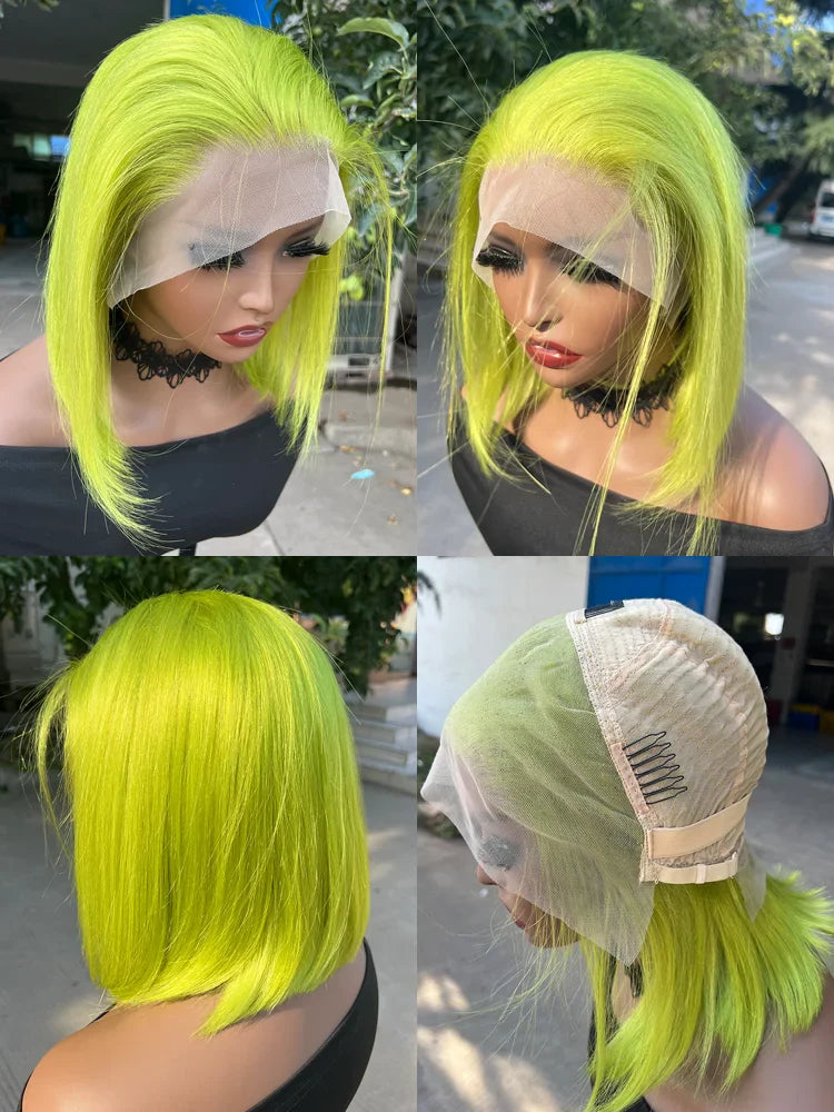 Lime Green Bob Lace Front Wigs Human Hair Wigs Glueless Short Bob Wigs Straight 13X4 Colored Lace Frontal Wigs Rose Neon