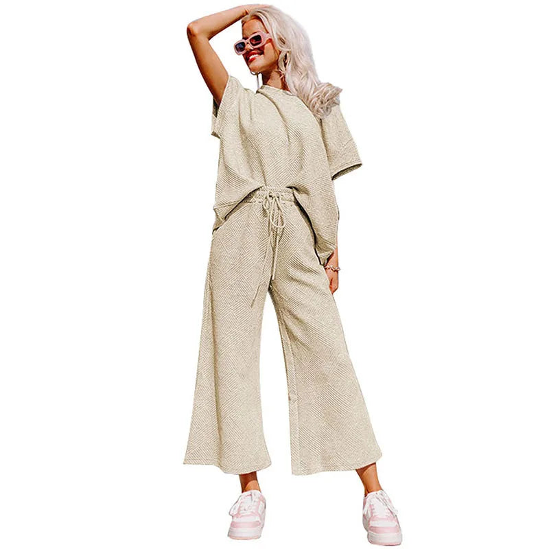 Spring Summer Casual Solid Short Sleeve T-shirt Wide Led Pant Sets Drawstring Elastic Waist Trouser Suit Sports Women Outfits