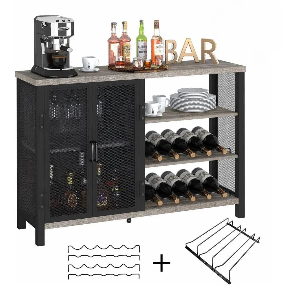 Liquor Cabinet Bar for Home, Rustic Home Bar Cabinet with Wine Rack, Coffee Bar Cabinet with Storage (47 Inch, Grey Oak)