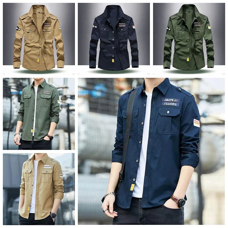 Men's Shirts Military Casual Shirt Cotton Khaki Retro Slim Fit Army Pocket Long Sleeve Vintage Jacket Streetwear Drop Shipping