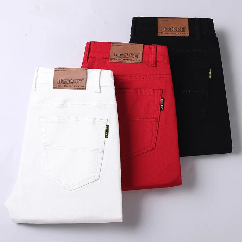 New Men's Pants Trend Temperament Casual Denim Jeans Elastic Straight Slim White Red Black Cool Trousers for Male