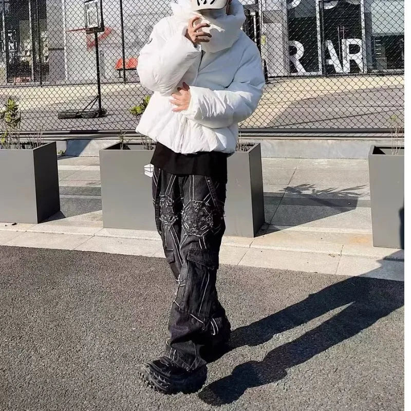 Vintage Gear Patch Punk Jeans High Street Spiderweb Straight Leg Pants Men's Wide Leg Pants Black Cargo Pants Y2k Clothes Baggy