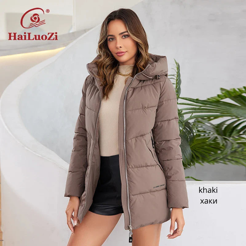 HaiLuoZi 2023 New Women's Jacket Short Warm Hooded Female Winter Outwear Classic Brand Zipper Design Big Pockets Women Coat 9910