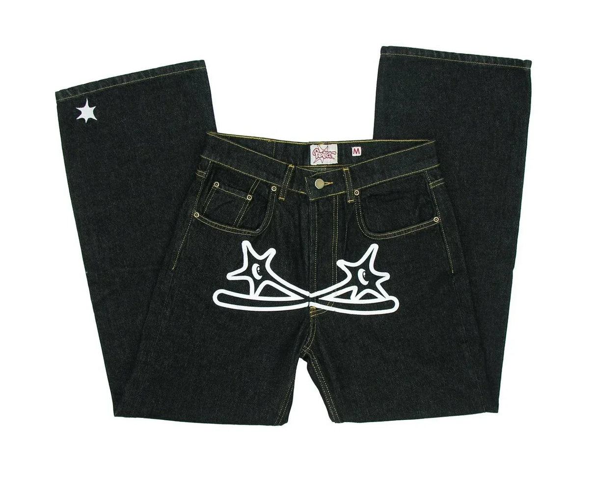 Vintage Gear Patch Punk Jeans High Street Spiderweb Straight Leg Pants Men's Wide Leg Pants Black Cargo Pants Y2k Clothes Baggy