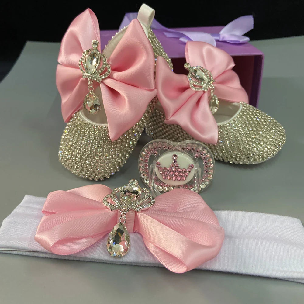 Dollbling Luxury Baby Bottles and Shoes Headband Set Keepsake Diamond Tutu Outfit Red Bottom Little Girl Baptism Shoes